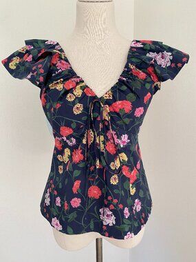 NWT Hill House Zuri Top Navy Peony Bouquet Cotton Sateen - M